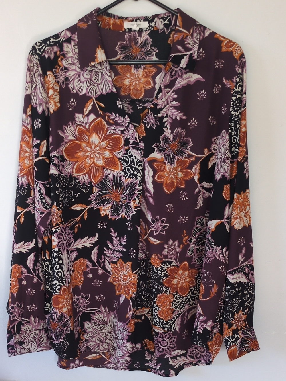 Maurices Purple Floral Button-Neck Blouse with Orange Blooms